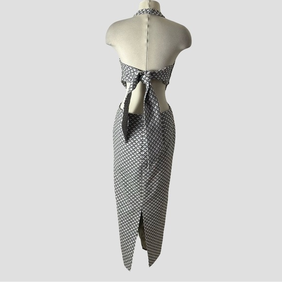Karen‎ Millen Geometric Jacquard Halter Maxi Dress 8 Black White Cut Out Column - Picture 9 of 15